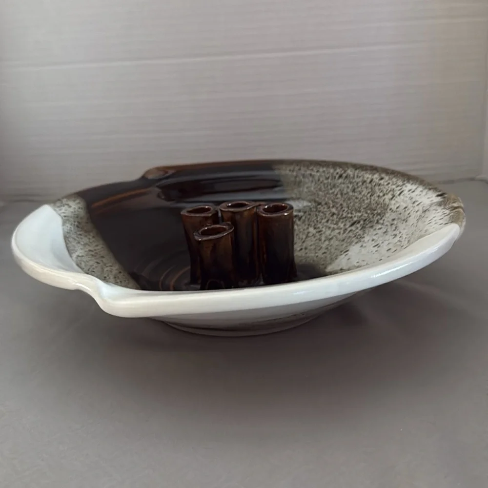 Ceramic Art Pottery Ikebana 5 Stem Flower Frog Vase Bowl Dish Handmade Signed